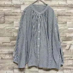 AUBEオーブ バンドカラーギャザーブラウス　ストライプ　ナチュラル