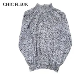 良品◎CHIC FLEUR/花柄長袖ブラウス/白/黒/M/ハイネック/モノトーンのサムネイル