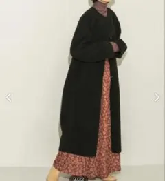 ブラック ロングコート スエード風　ノーカラーロングボアコート