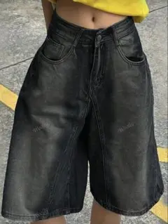 shein デニムパンツ 半ズボン ワイドレッグ y2k ブラック L