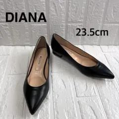 未使用級★DIANA フラットパンプス ポインテッドトゥ レザー 黒 金ライン