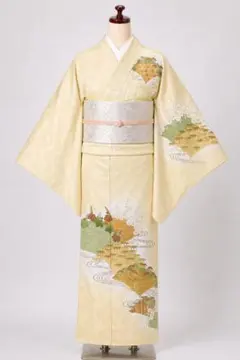 洗える着物　美品　訪問着　地紋　洗える訪問着　淡い黄色地　松竹梅　御所解　風景