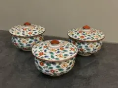 상태좋음 美濃焼 翔山 小さい小花柄 蓋付き 湯呑み 3客セット 陶器