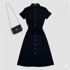 【38】シャツワンピース 半袖 ストレッチ強 ベルト付き きれいめ オフィス 黒