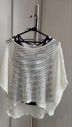 ホワイト 透かし編み オフショルダー 半袖ニットMサイズ