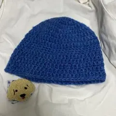 青　ブルー　ニット帽　ハンドメイド