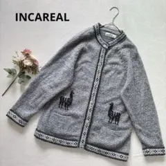 インカリアル リャマ刺繍 ニットカーディガン グレー 長袖 はおり アルパカ