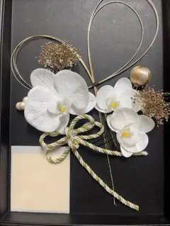 成人式髪飾り　胡蝶蘭髪飾り　卒業式　和装　前撮り　ドライフラワー　紐　水引　金箔