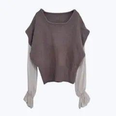 グレイル レイヤード風ニットトップス 異素材ドッキング シフォン袖 モカブラウン