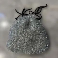 ハンドメイド 巾着袋 かぎ針編み シルバー