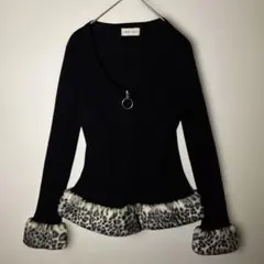 【美品】ヒョウ柄 ファー付き長袖カーディガン　ウール混紡　クリップド丈　L