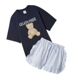 ジェラートピケ ベアワンポイントTシャツ&ストライプショートパンツセット