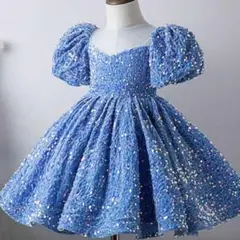 青いスパンコールパフスリーブドレス