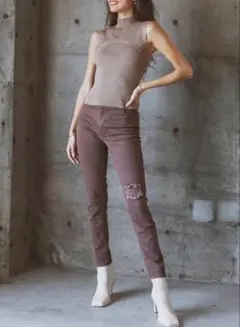 ALEXIA STAM ダメージスキニーデニム ブラウン