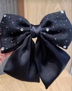 スパンコール付きブラックリボンヘアバレッタ　ブラック