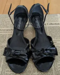 stephanie ブラックウェッジサンダル　37　エナメル