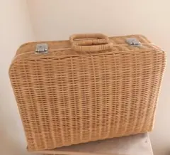 美品】ラタン ピクニックバスケット トランク型 小花柄 籐 裁縫箱