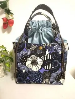 北欧柄あおりポケット付き巾着トートバッグ　２ウェイ　ショルダー対応