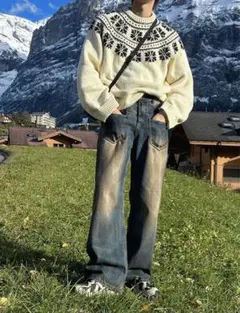 ASCLO ダーティーワイドデニムパンツ　汚れ加工　ヴィンテージ　ジーンズ