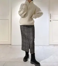 【新品】サロンアダムエロペ　フロントスリットツイードチェックタイトスカート