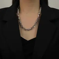 シルバー ネックレス ユニセックス チェーン パール アクセ 韓国