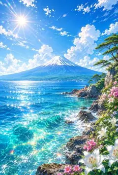 富士山　海の風景　青空　日本の絶景　夏　青い海　イラスト　ポストカード　C95