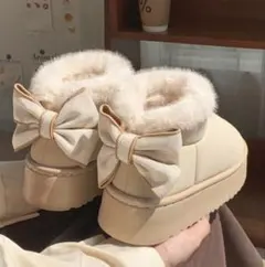 ムートンブーツ ボアブーツ リボン ファー 厚底 ショート丈 ベージュ