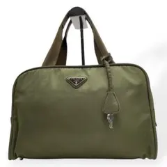 PRADA ベージュ テスートナイロン レザー ハンドバッグ ミニボストン