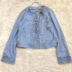 6648 美品✨薄手 ノーカラーデニムジャケット M フリル 綺麗めカジュアル