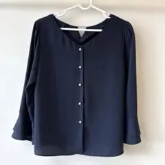 ミッシュマッシュ ネイビー Vネック ボタン付きブラウス2way
