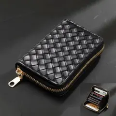 ​大容量 カードケース 編み込み 黒 名刺入れ じゃばら コンパクト財布 黒