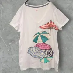 ノーティカ Tシャツ Vネック 半ース パラソル柄 M 白 綿 リゾート ラメのサムネイル