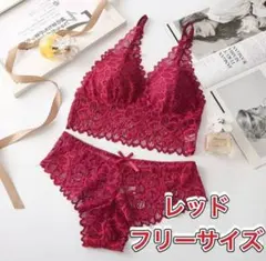 セットアップ ノンワイヤー ブラショーツセット フリーサイズ レッド レース