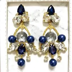 A474♡スワロフスキー　グレー　ネイビー　パール　ビジュー　ピアス　シック　紺