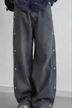 サイドスナップボタン ワイドパンツ ダークグレー
