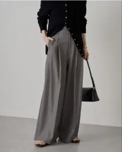 ラウンジドレス　2タックワイドパンツ　グレー　ストライプ