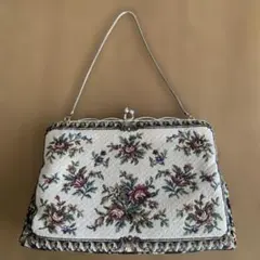 ヴィンテージ プチポワン ハンドバッグ 花柄刺繍 ブルー - メルカリ