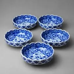 染付 花形 小鉢 5客セット 和食器 取り鉢 中鉢 約10cm 美品のサムネイル