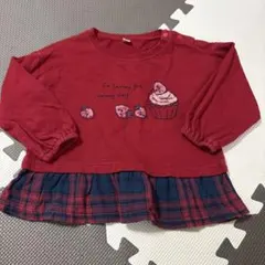 いちご柄 カップケーキ 長袖カットソー レッド 80
