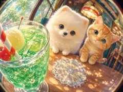 白い小型犬と茶トラ子猫がカフェで緑のソーダを見つめる鮮やかなイラスト d61