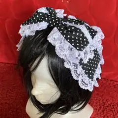 【ブラック×ホワイトドット小】リボンカチューシャ【手作り】