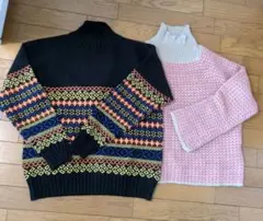 レディース　カラフル模様タートルネックセーターとピンクニット