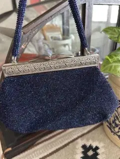 vintage 美品　総ビーズ ハンドバッグ 紺色 ビンテージ　柄なし総ビーズ