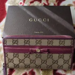 週末価格　GUCCI長財布GGキャンバス　ワインレッドリボン