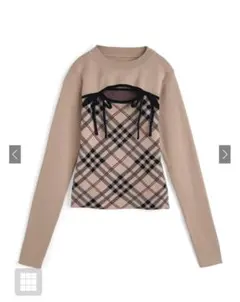 チェック柄フロントオープンリボンニットトップス　S　【ru1374】