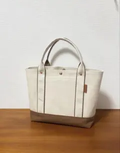 帆布トートバッグ中　富士金梅8号　ハンドメイド　生成り×ブラウン　底板・裏地あり