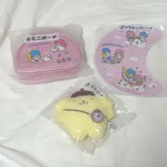 サンリオくじ　ポムポムプリンマスコット、キキララメラミンプレート&ポーチ3点