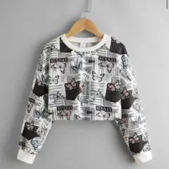 蝶プリント 長袖クロップドカットソー