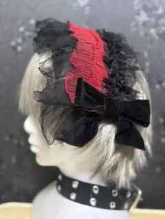ゴシックロリータヘッドドレス ハロウィン 赤 黒 ハンドメイド ボンネット風