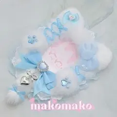 水色リボン ふわふわファー 硬質カードケース レースデコ B8 縦入れ